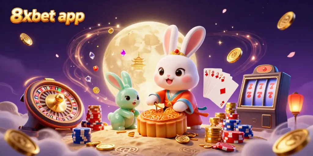 Experience the excitement of the 8xbet app with a moon rabbit in a magical casino scene.