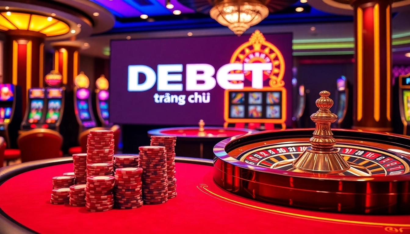 Experience the thrill of DEBET trang chủ with vibrant casino visuals showcasing poker and roulette.