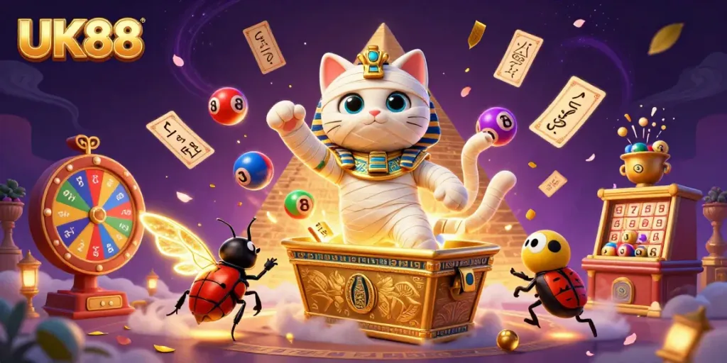Experience the excitement of UK88 with a vibrant 3D casino scene featuring a mummy cat and golden elements.