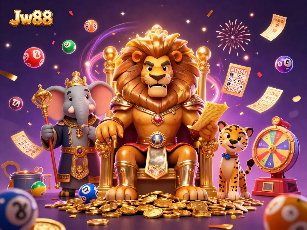 Experience thrilling gaming with Jw88's vibrant casino illustration featuring a lion king, elephant, and cheetah.