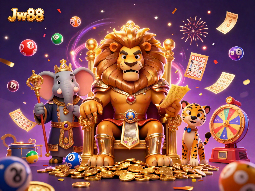 Experience thrilling gaming with Jw88's vibrant casino illustration featuring a lion king, elephant, and cheetah.