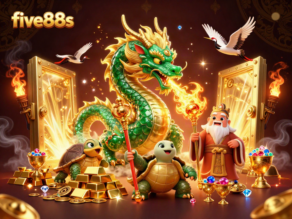 Engage with five88s casino magic through a vibrant illustration featuring dragons, turtles, and treasure galore!