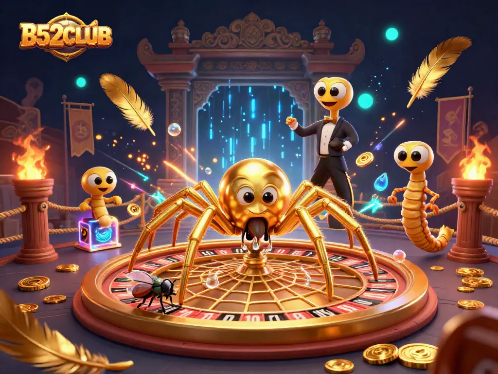 B52CLUB spins the roulette wheel amidst a vibrant casino scene with captivating characters.