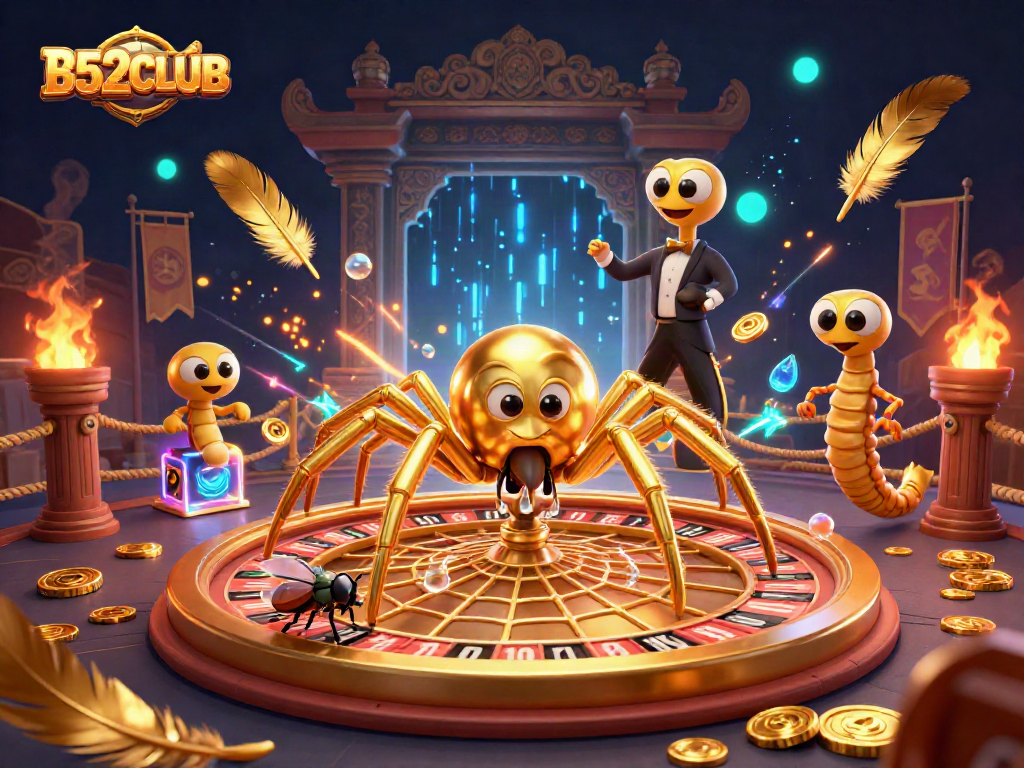 B52CLUB spins the roulette wheel amidst a vibrant casino scene with captivating characters.