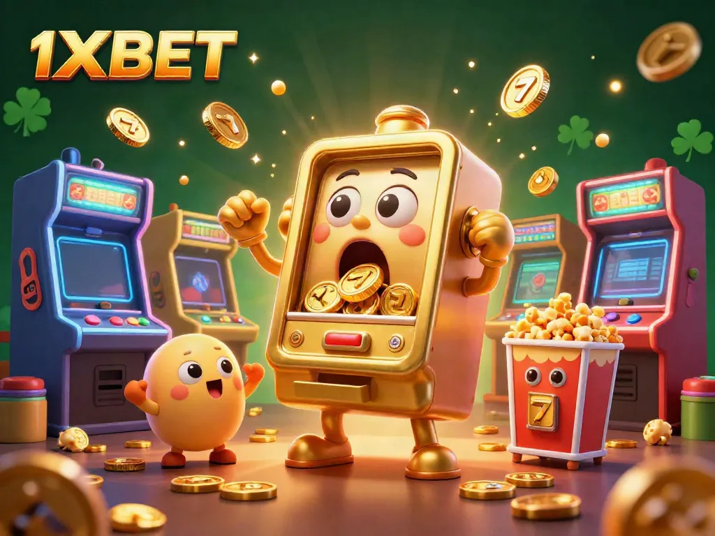 1XBET slot machine celebrates jackpot victory with golden coins, vibrant arcade games surrounding it.