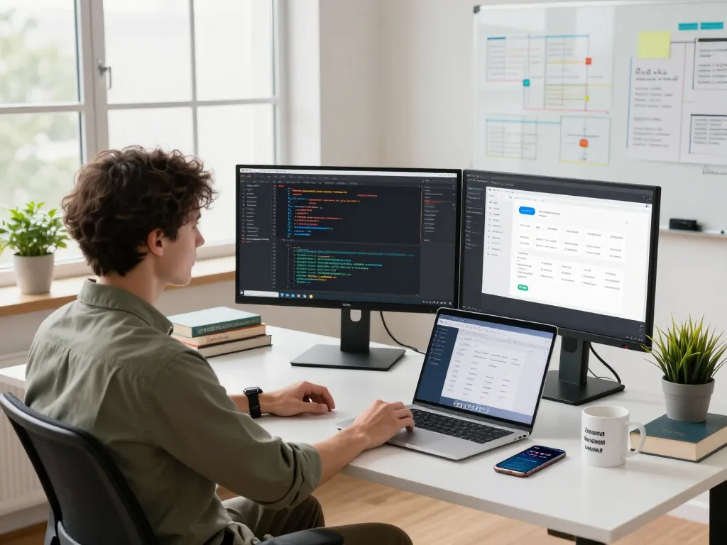 Interactive workspace showing software engineer at https://thscrore.app/ with development tools and creative environment.