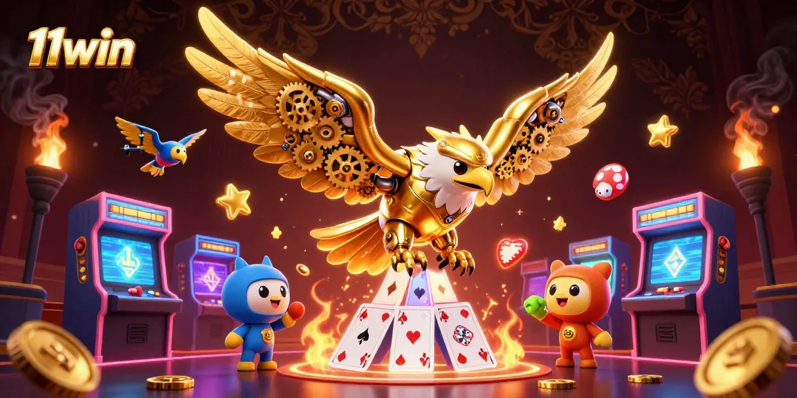 Experience thrilling moments at 11win with a cybernetic eagle soaring through holographic casino elements