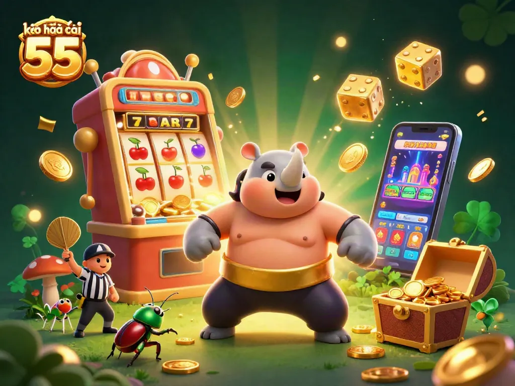 Experience thrilling luck with kèo nhà cái 55 as a rhinoceros beetle champion celebrates a big win amidst casino excitement.