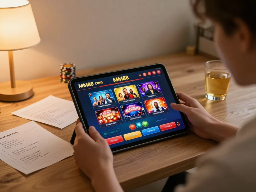 Engaging with MM88 com on a tablet in a cozy home, showcasing a vibrant gaming interface