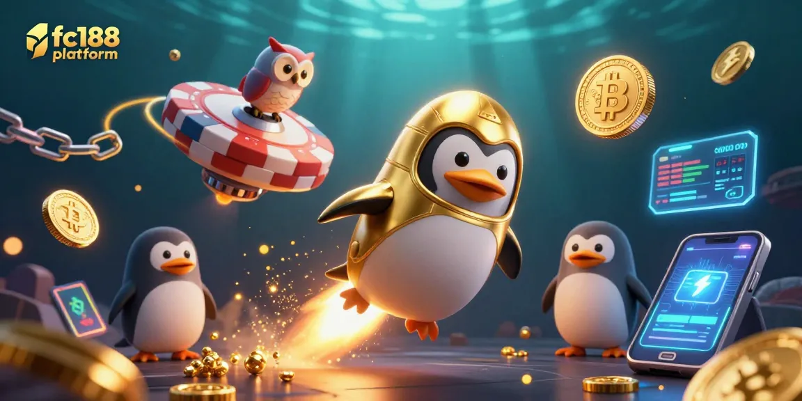 Engage with the exciting fc188 platform, featuring advanced 3D illustrations of a golden penguin soaring through casino elements.
