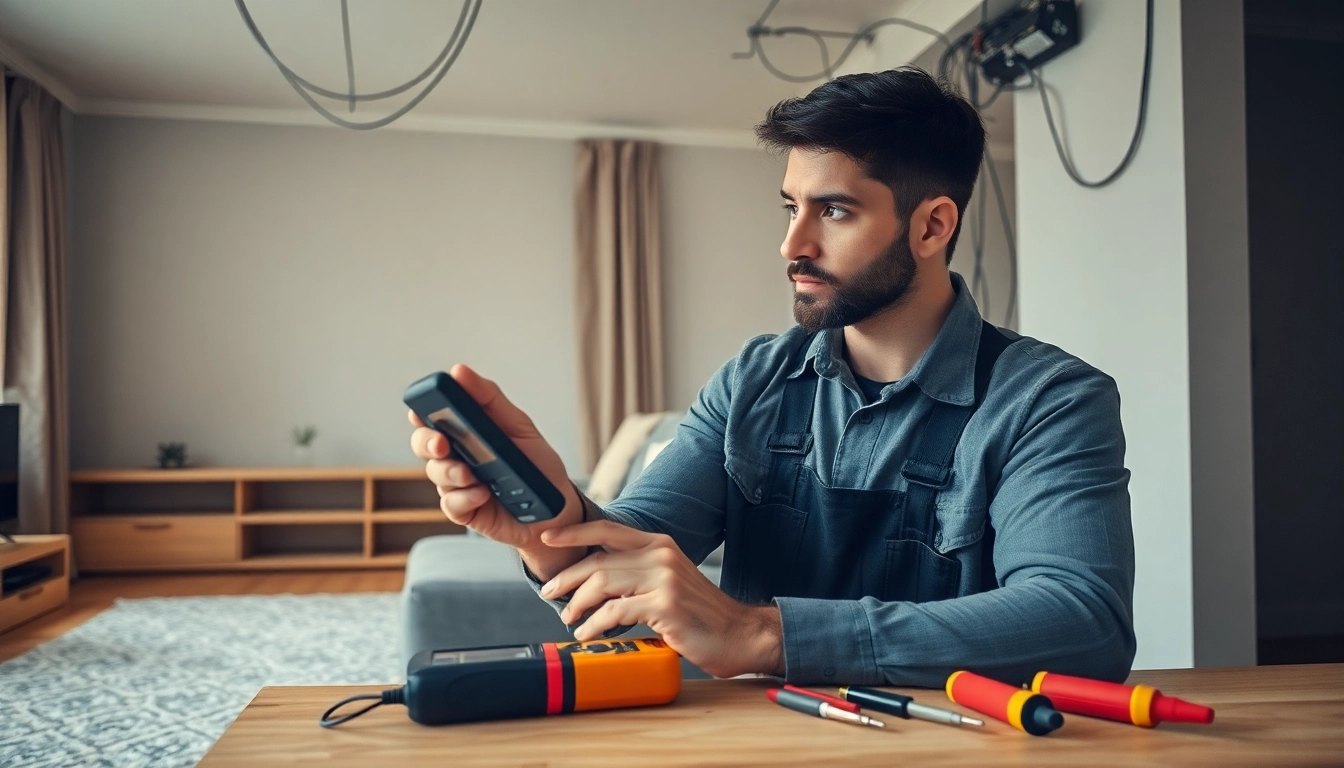 Skilled electrician lower north shore examining electric wiring in a cozy home setting.