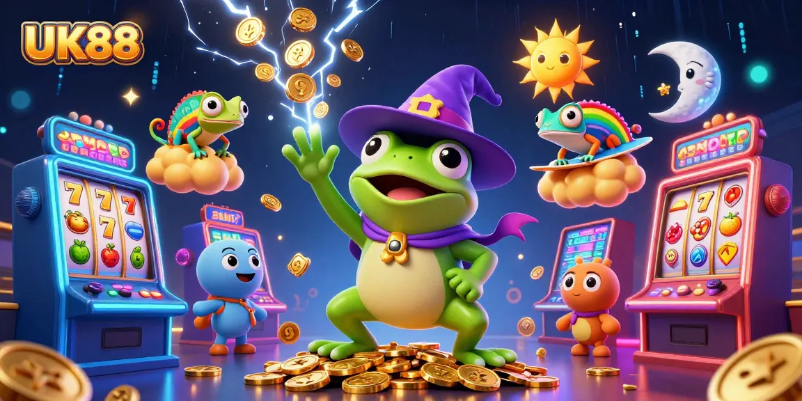 Engage with UK88 in a vibrant slot machine world filled with golden coins and magic.