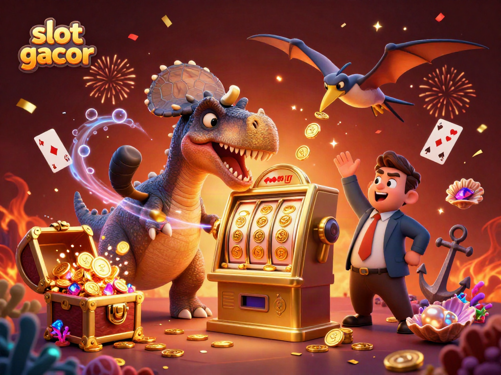 Experience the thrill of slot gacor as a pachycephalosaurus activates a jackpot machine amidst celebrating characters.