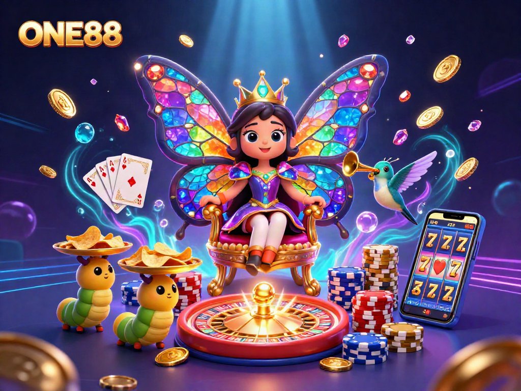 Engage with ONE88's captivating casino scene featuring a butterfly queen amidst flying coins and slots.