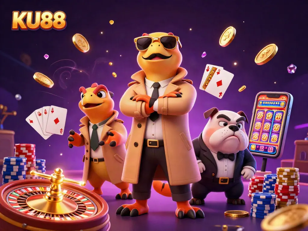 Experience exciting gaming action at KU88 with thrilling slot reels, spinning roulette, and vibrant poker chips.