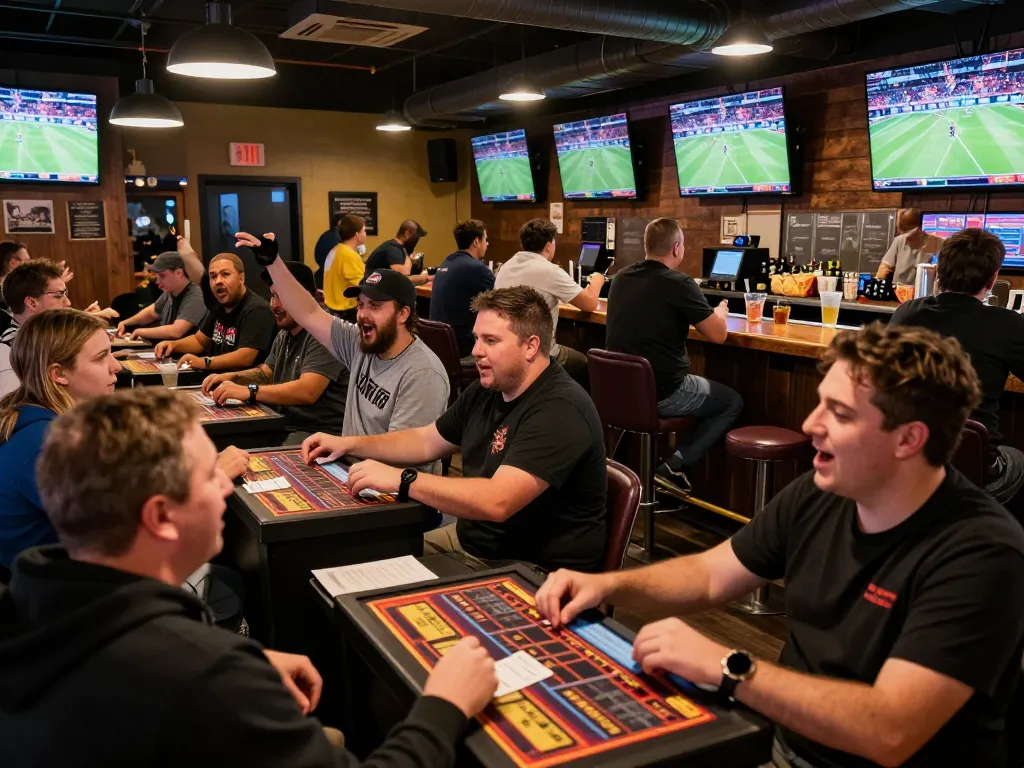 Engaged fans place bets at Co88us sports betting lounge, celebrating wins in vibrant atmosphere.