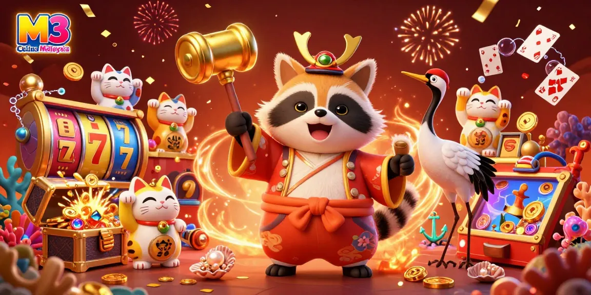 M3 Online Casino Malaysia showcases a vibrant 3D scene with cheerful characters celebrating casino luck and winnings.