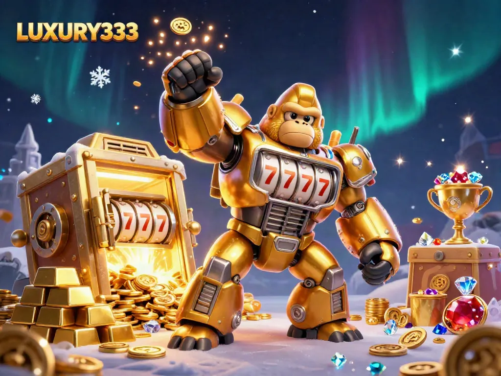 Experience thrilling wins at LUXURY333 with vivid 3D imagery of a golden gorilla mech surrounded by treasures and jackpot symbols.