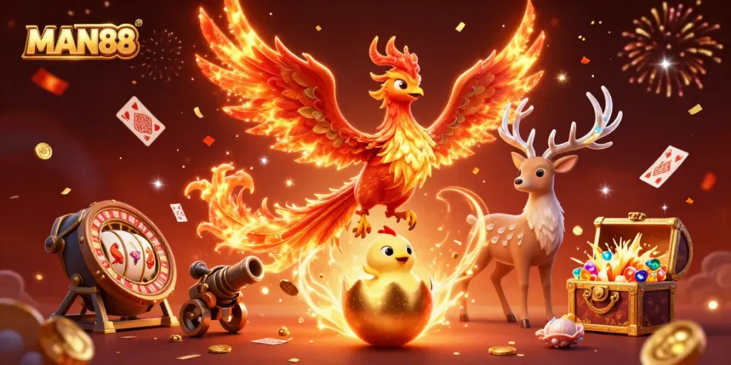 Engage with MAN88's thrilling casino experience featuring a majestic phoenix and captivating game elements.