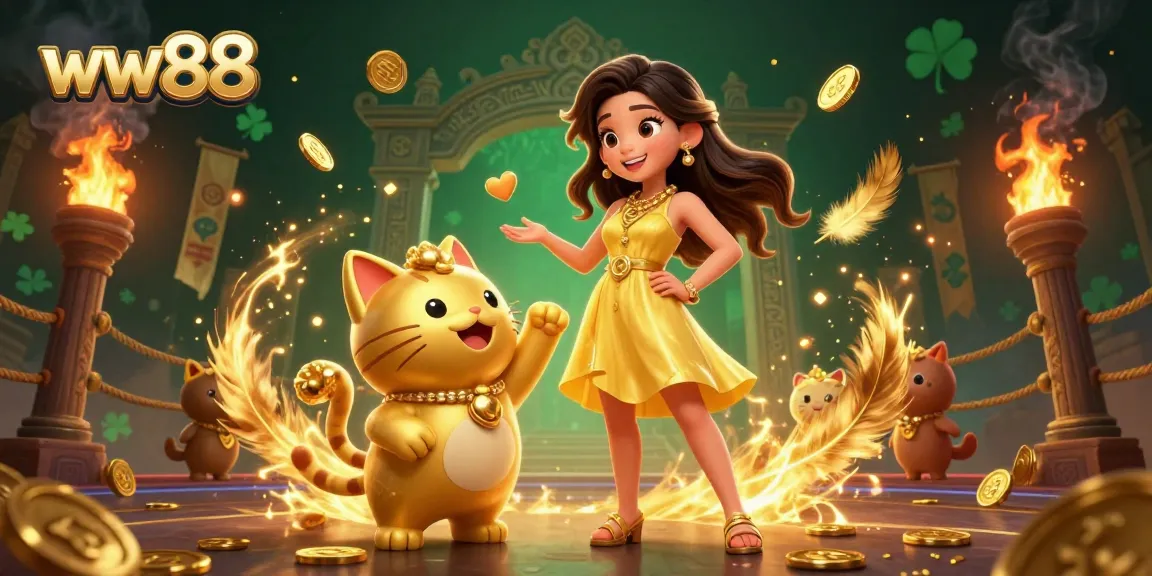 Experience the thrill of ww88 with a beautiful woman and a lucky cat in a lively casino scene.