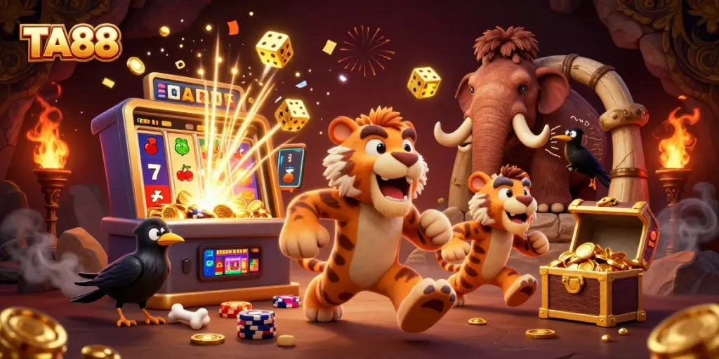 TA88 features a lively prehistoric casino scene with a sabertooth duo, vibrant game elements, and golden chalk scorekeeping.