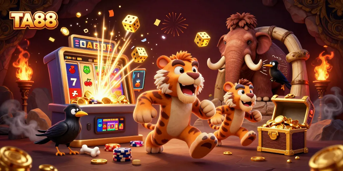 TA88 features a lively prehistoric casino scene with a sabertooth duo, vibrant game elements, and golden chalk scorekeeping.