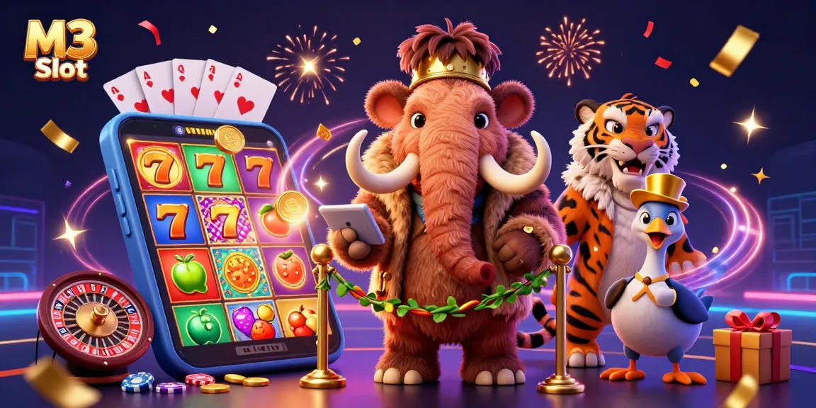 M3 Slot delivers a vibrant casino experience with a woolly mammoth checking IDs and a saber-tooth tiger in the colorful illustration.