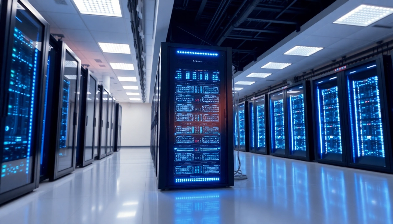 Showcasing an advanced adult hosting server environment with sleek design and bright blue LEDs for optimal performance.