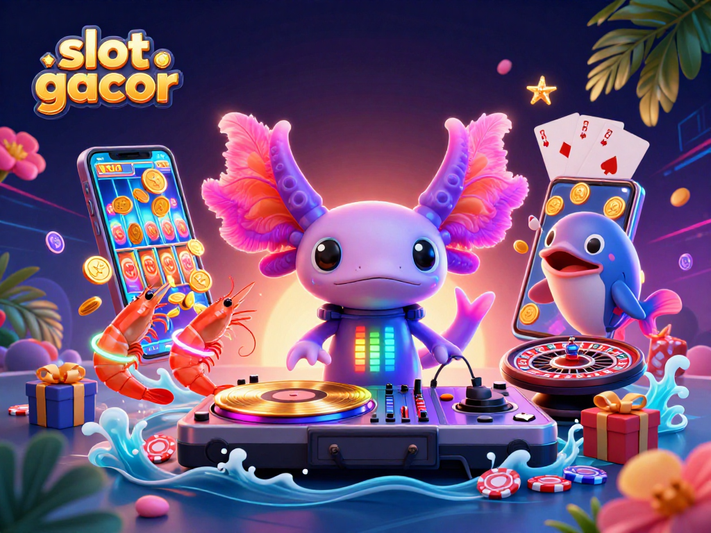 Spin the lively slot gacor scene with an axolotl DJ and vibrant animated sea creatures.