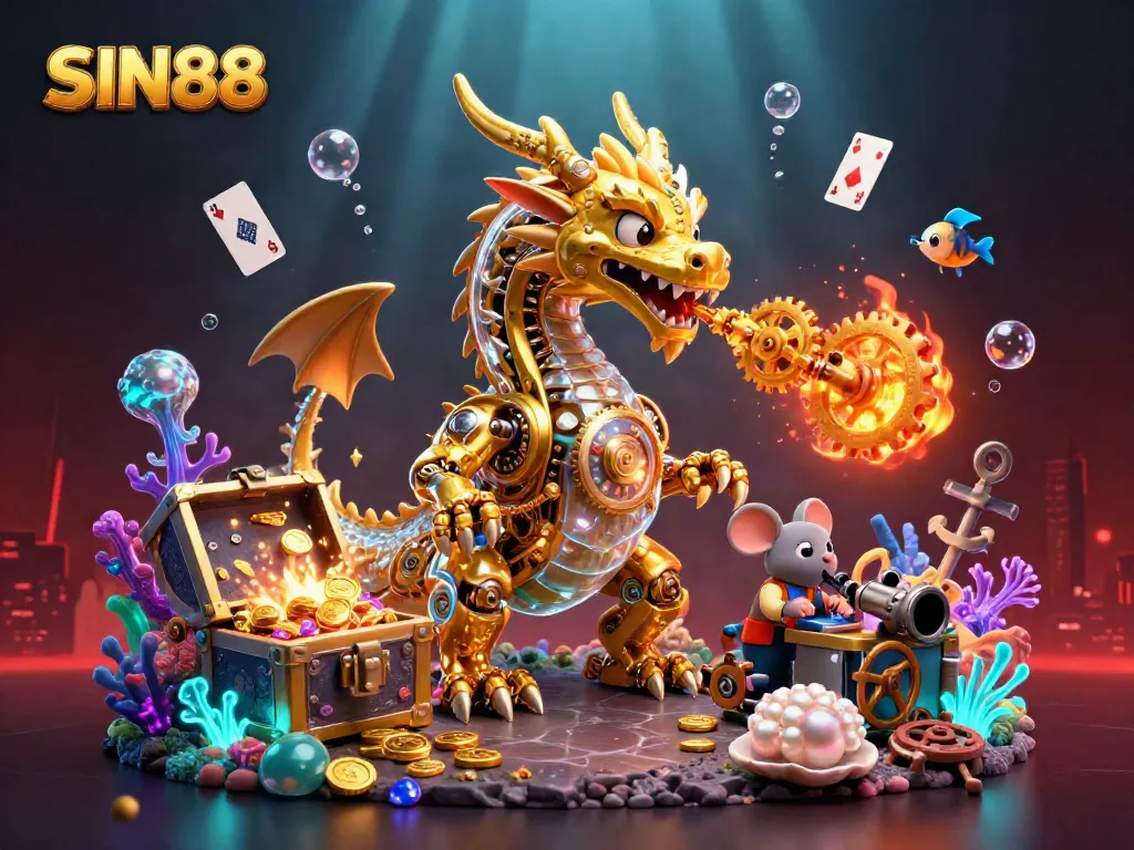 SIN88 offers an engaging underwater casino experience featuring a dragon, underwater treasures, and glowing elements.