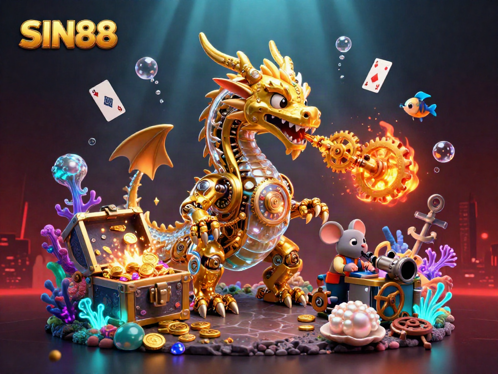 SIN88 offers an engaging underwater casino experience featuring a dragon, underwater treasures, and glowing elements.