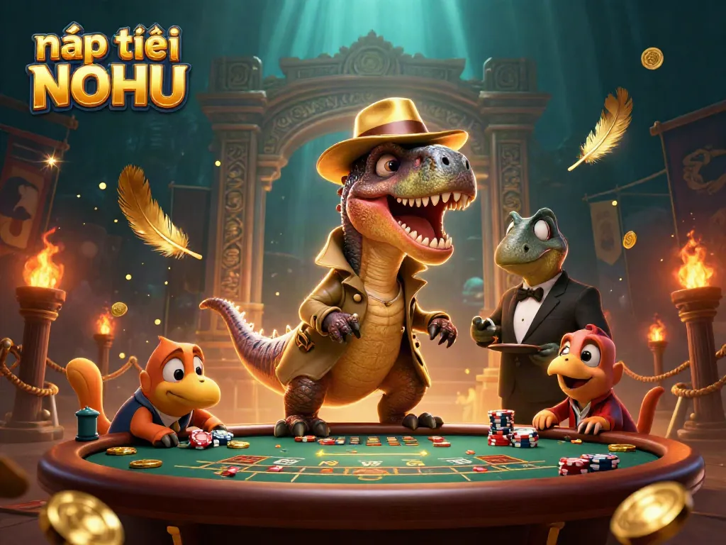 Engage in nạp tiền NOHU as the velociraptor card counter scheming at the blackjack table amidst vibrant casino elements.
