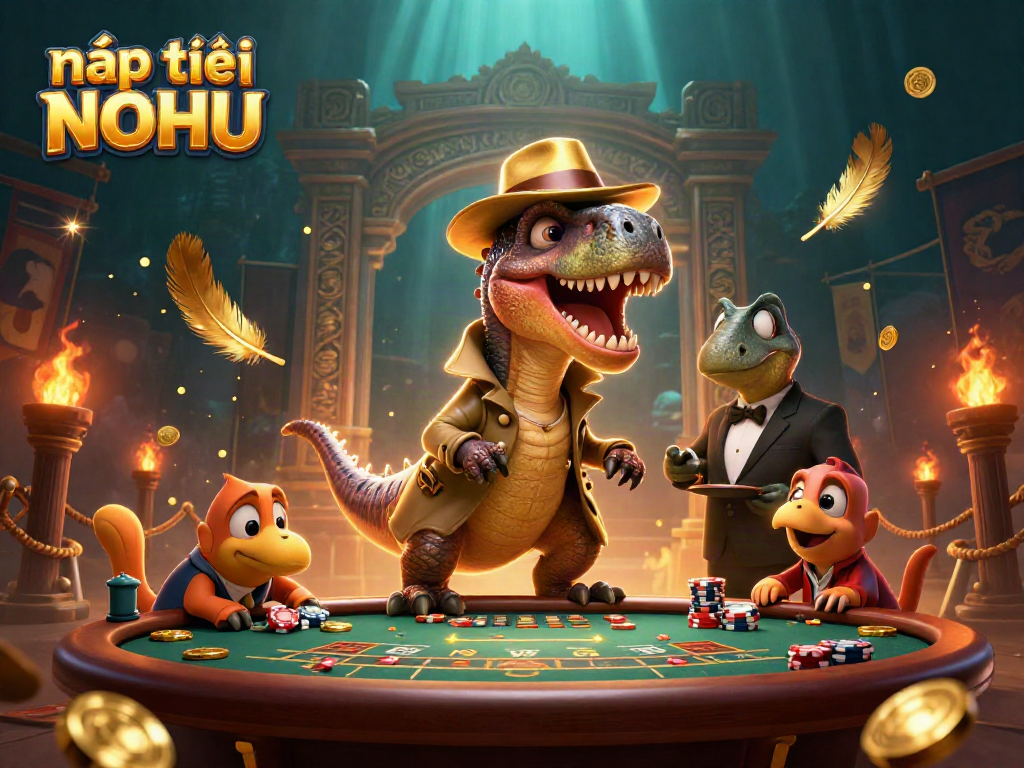 Engage in nạp tiền NOHU as the velociraptor card counter scheming at the blackjack table amidst vibrant casino elements.