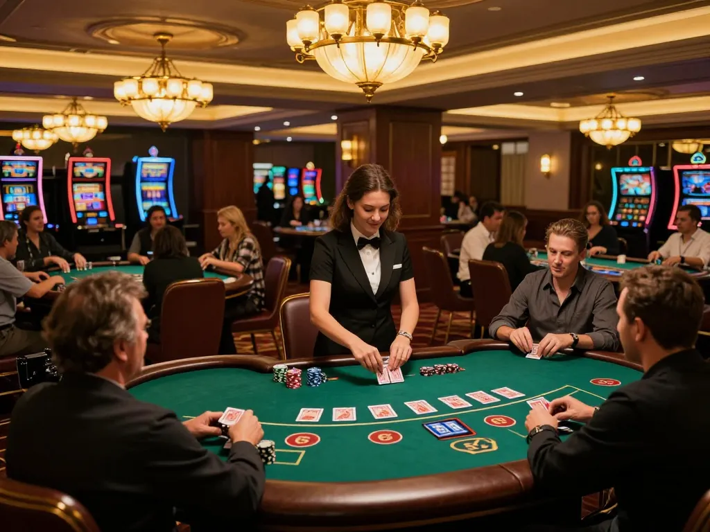 BL555 players enjoying blackjack game with engaged dealer and warm lighting