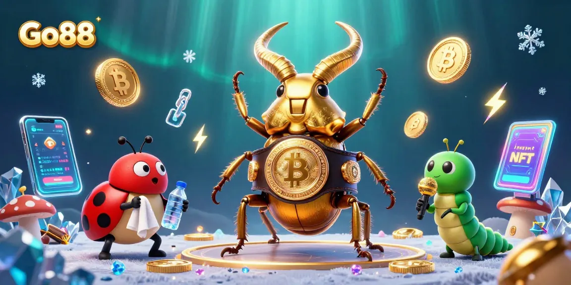 Engage with Go88 in an exciting 3D gambling scene featuring a golden stag beetle and crypto elements.
