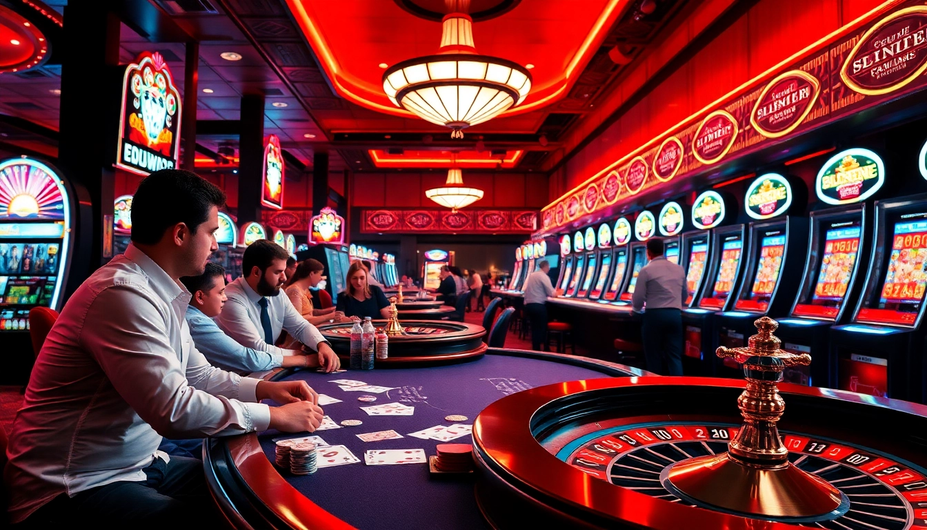 Gambling action at 79KING casino featuring colorful slot machines and vibrant poker tables.
