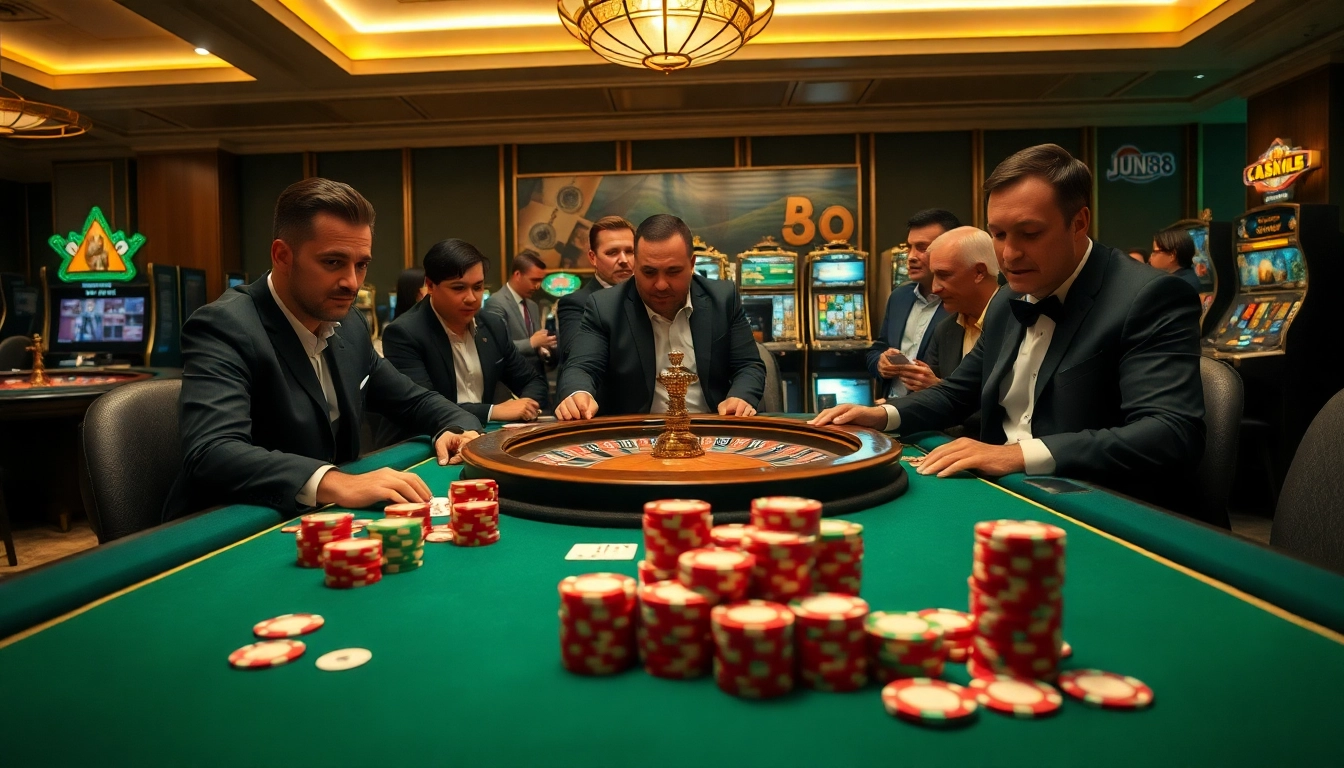 Experience the excitement of Jun88 with vibrant casino visuals, enriched by poker chips and cards.