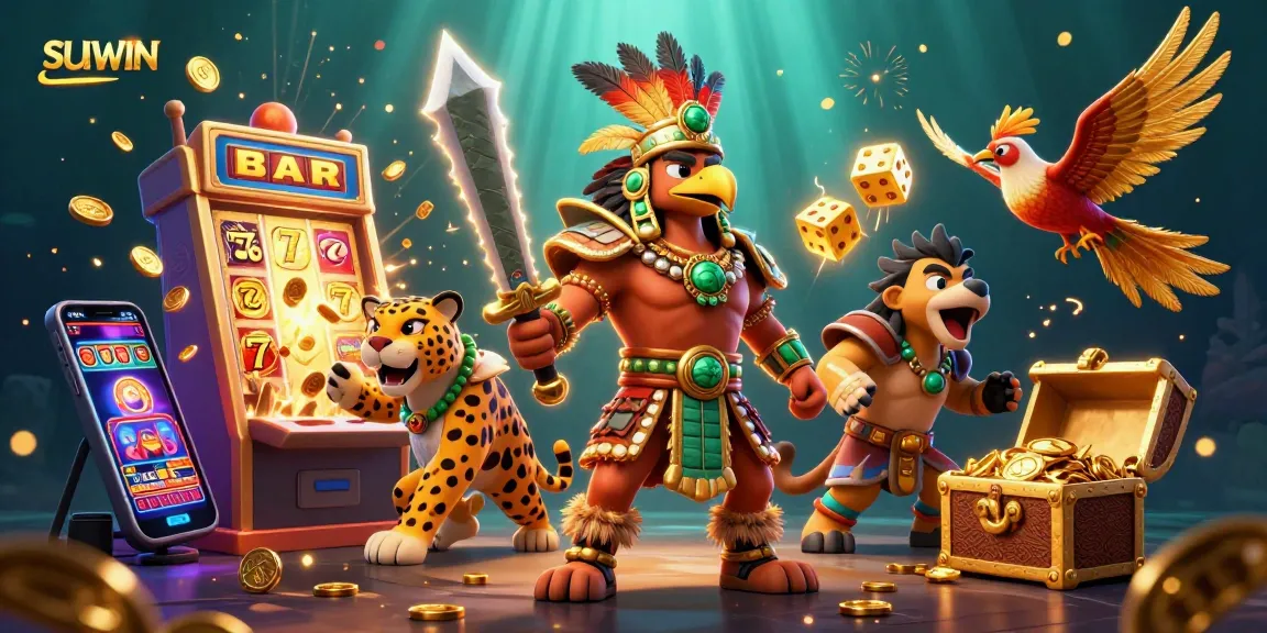 SUWIN casino jackpot scene with Aztec warrior and jaguar, vibrant 3D elements, and festive casino symbols.