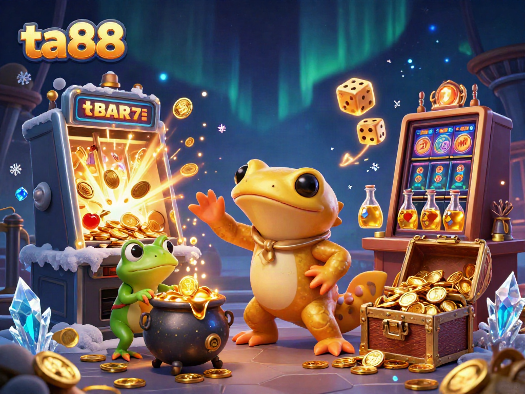 Experience the excitement of ta88 with a golden salamander alchemist and dynamic casino elements in a vibrant scene.