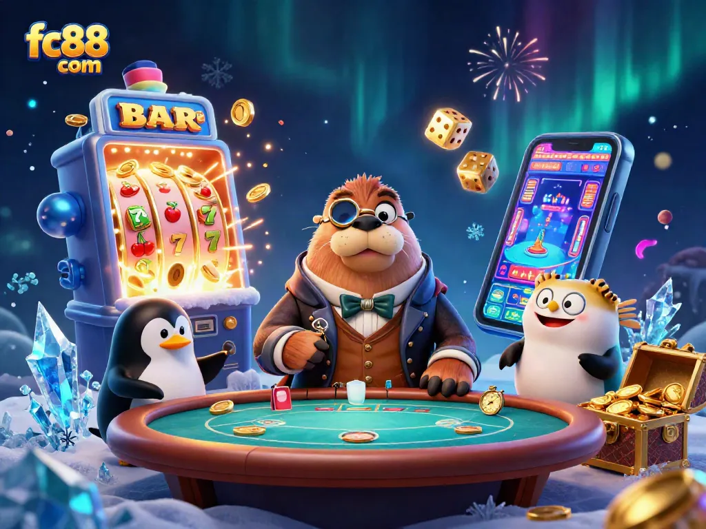 Engage in thrilling gameplay at fc88 com with a vibrant casino scene featuring a jolly walrus, energetic characters, and dynamic elements.