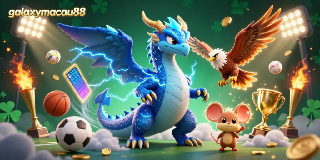 Experience thrilling sports action with galaxymacau88's vibrant 3D illustration showcasing gaming excitement.