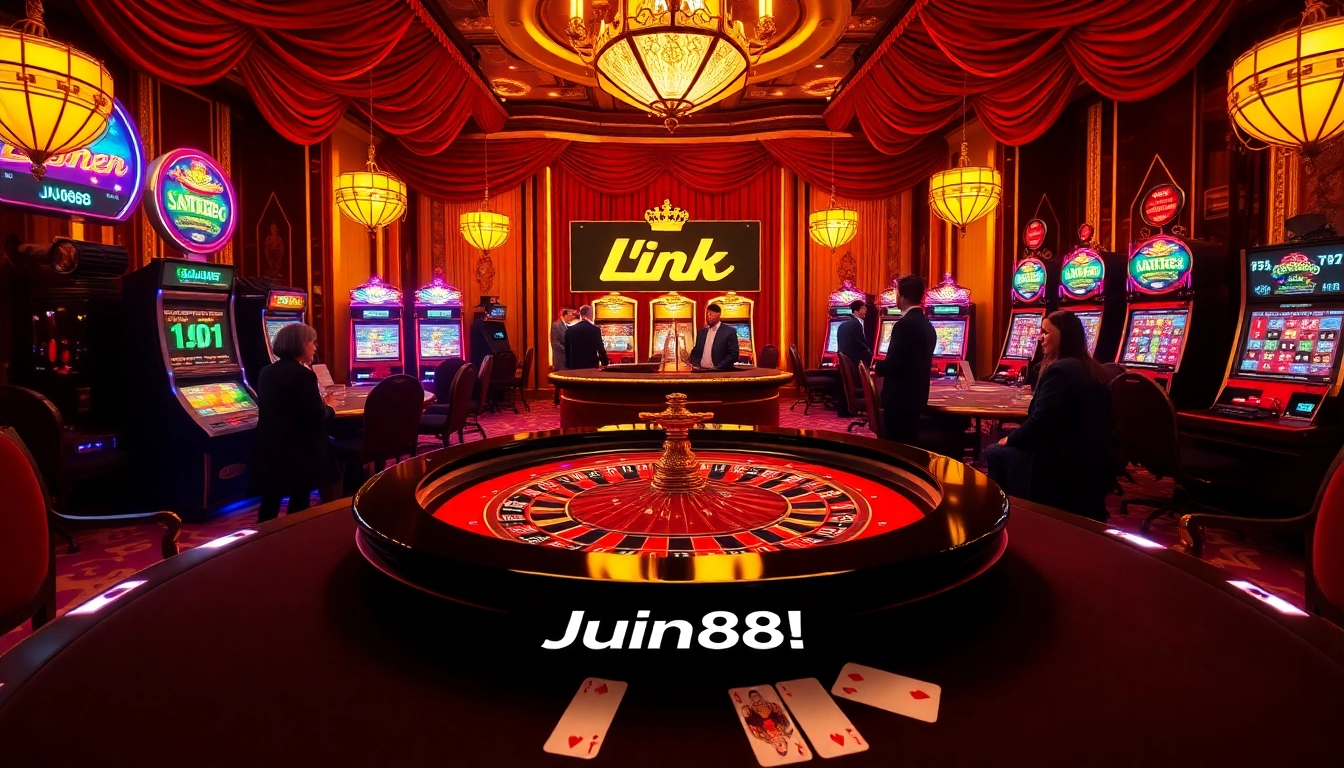 Casual players enjoying games at a luxurious casino featuring Link Jun88 on a digital display.