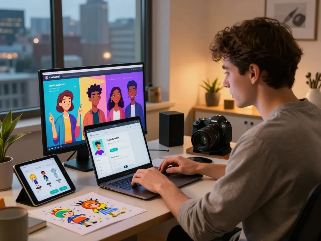 Experience dynamic character interactions with CrushOn AI in a cozy home office setting.
