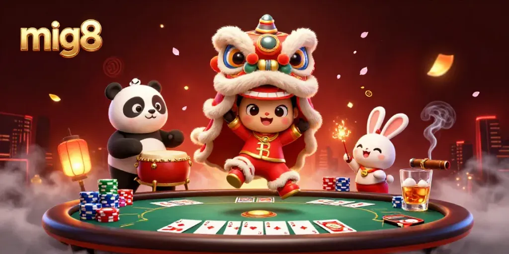 Celebrate with mig8's vibrant lion dance, lively poker elements, and festive casino atmosphere.