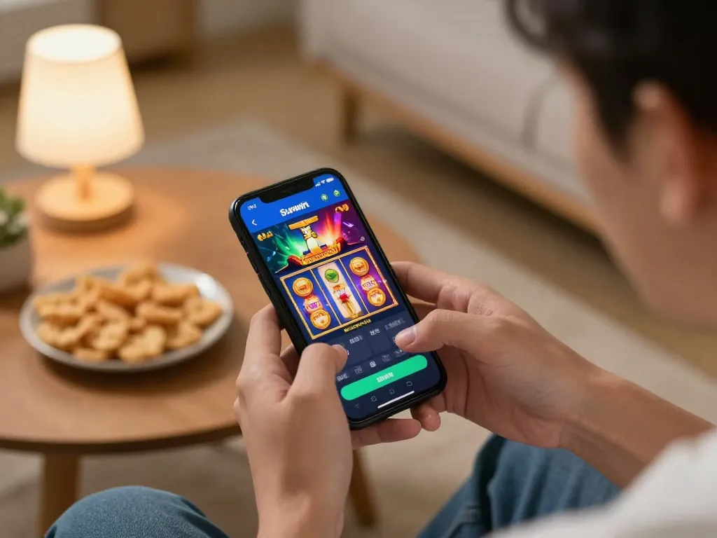 Player enjoying Sunwin app on smartphone in comfy home setup, showcasing online slot gaming.