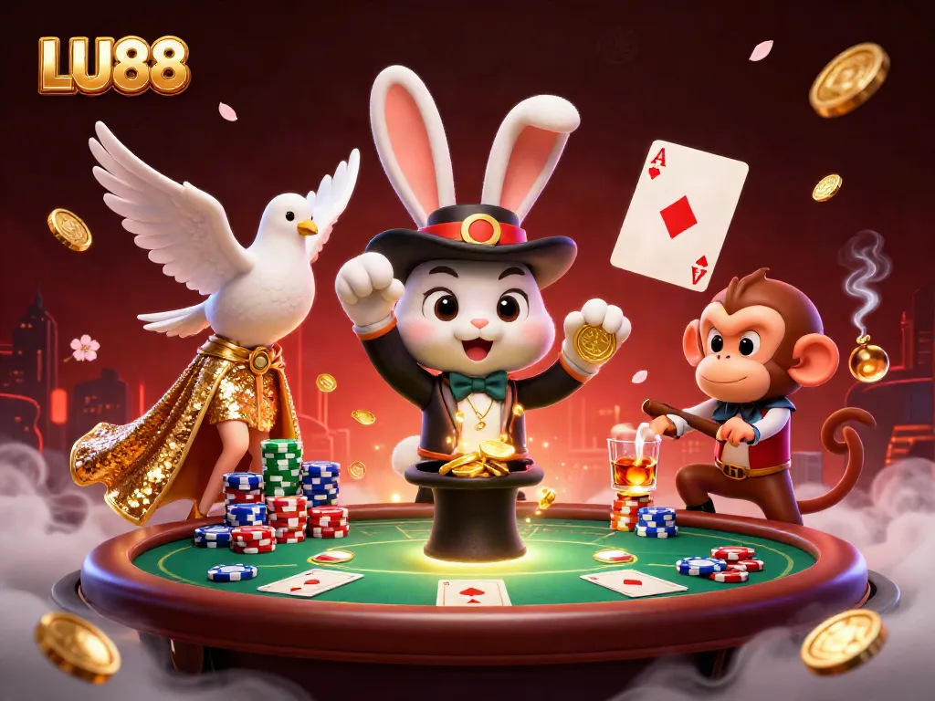 LU88 magician rabbit conjures golden coins amidst poker action, with vibrant casino elements.