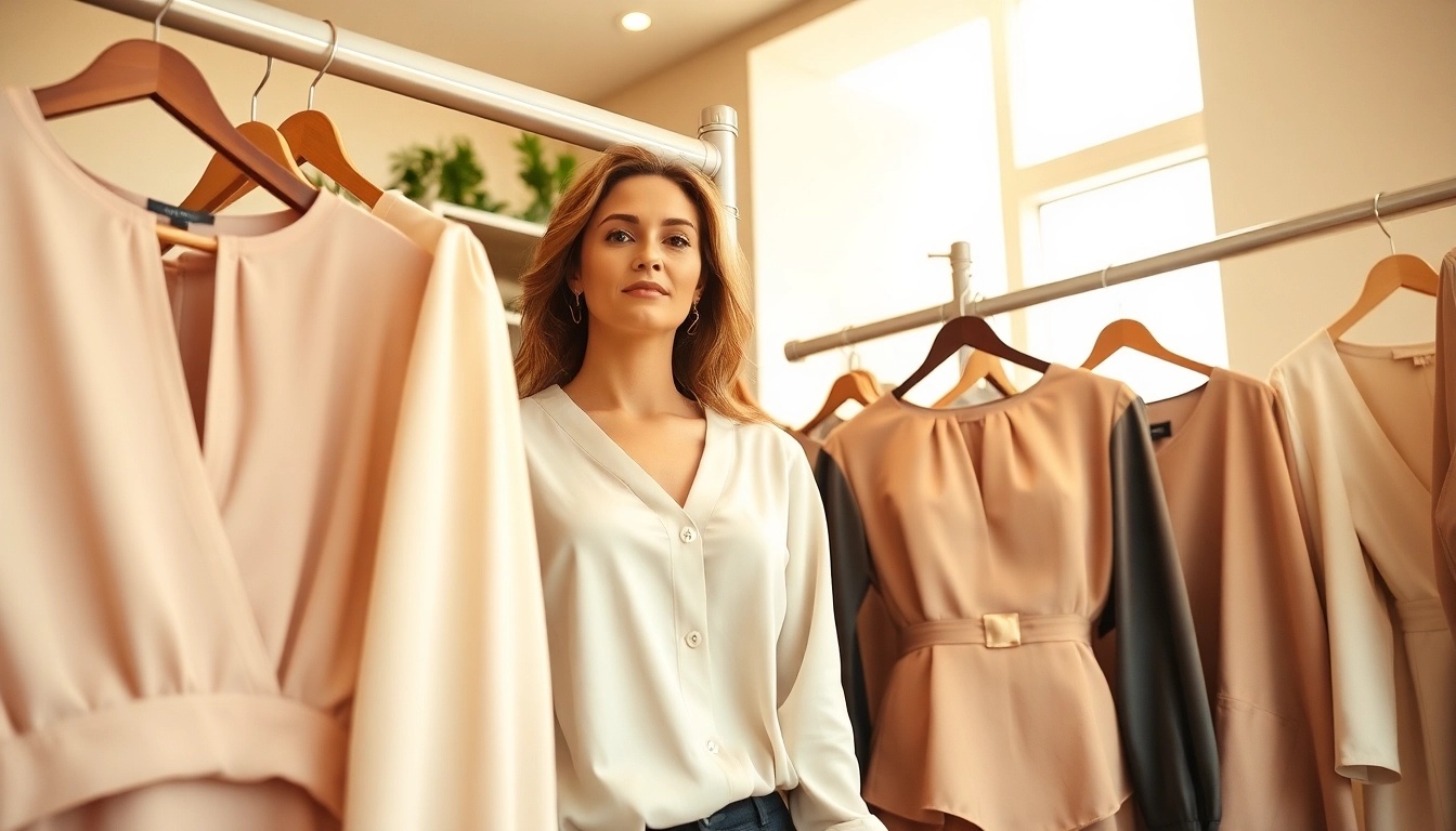 Showcased tops in a chic boutique by a Women's Clothing Manufacturer, embodying elegance and style.