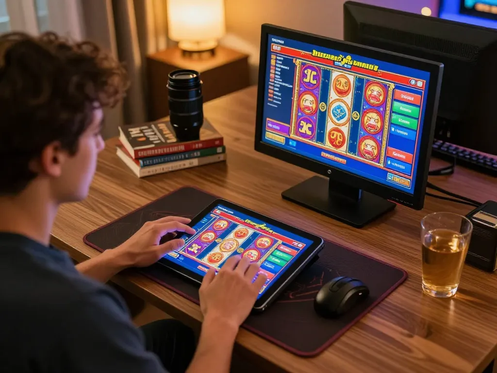 Pemain menikmati permainan online di tablet dengan antarmuka permainan slot ap686 yang cerah, pengaturan rumah yang nyaman, permainan yang bertanggung jawab.