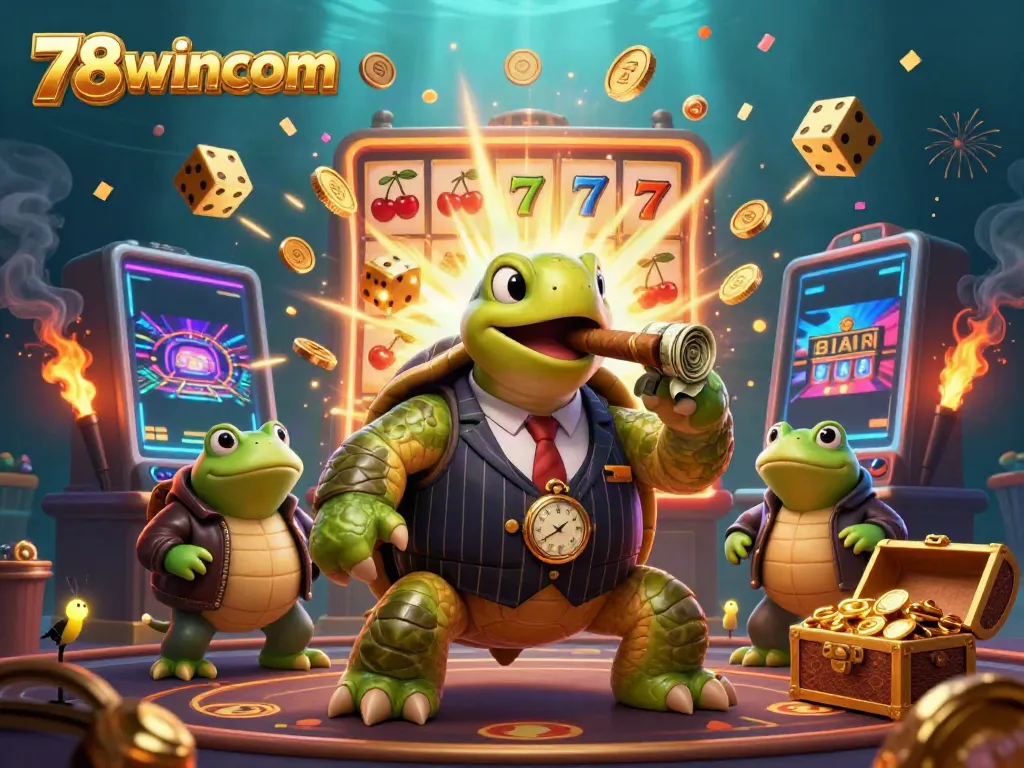 Engage with 78wincom in a vibrant casino scene featuring a snapping turtle mobster, jackpot slots, and glowing dice.