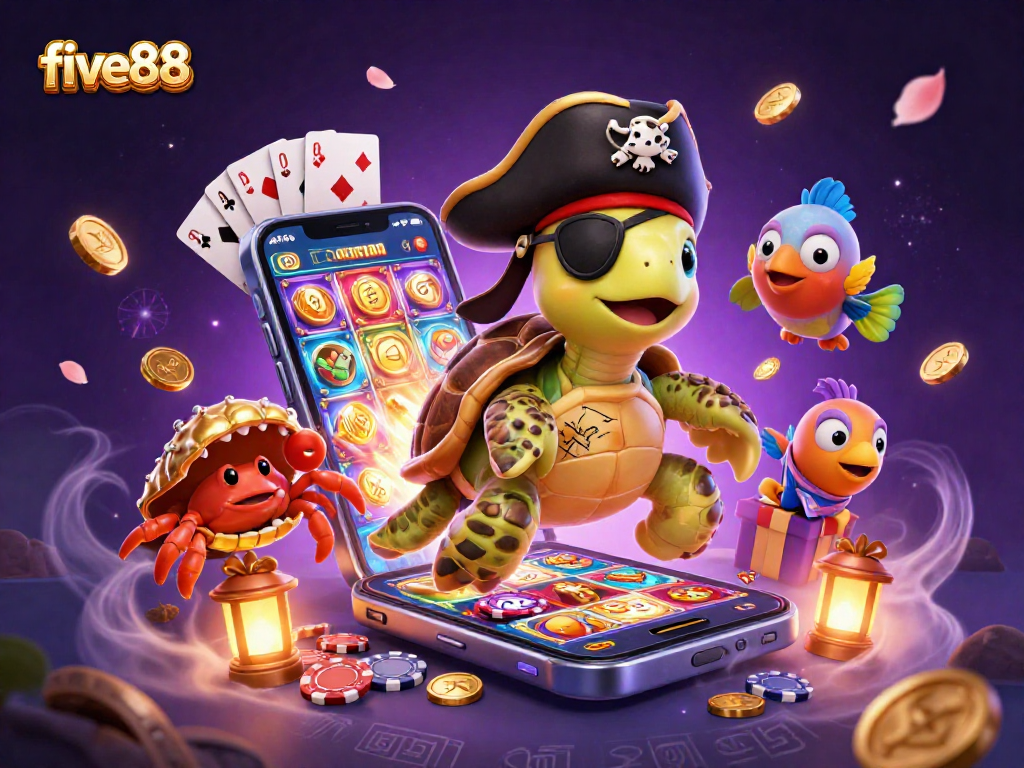Spinning reels of five88 slot games, featuring lively characters and treasure elements.